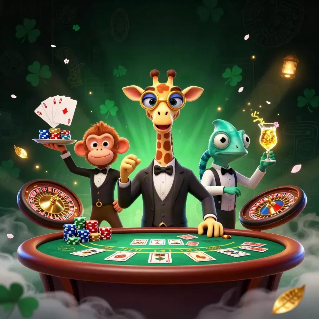 Three casino mascots at a poker table with chips, cards, roulette wheel, and glowing green magic.