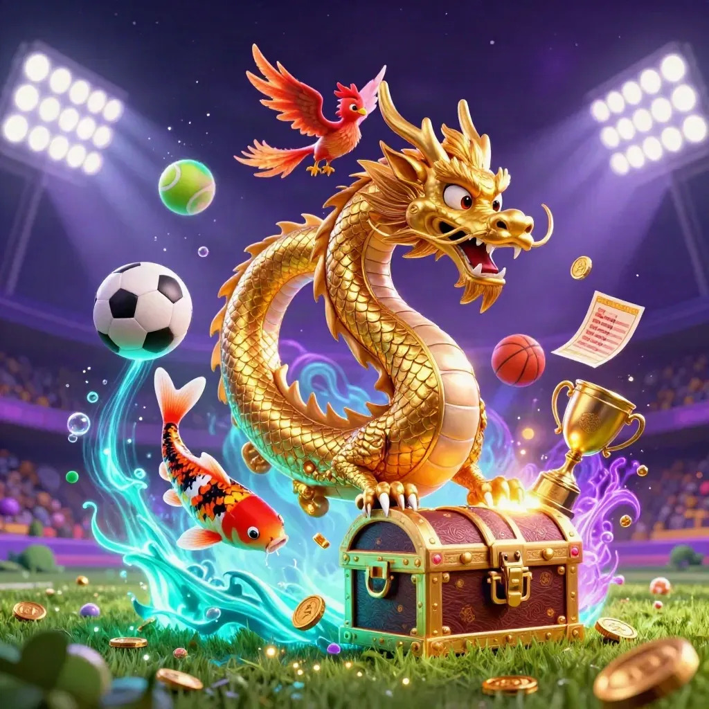 Golden dragon, phoenix, koi and flying sports balls amid casino lights and neon glow.