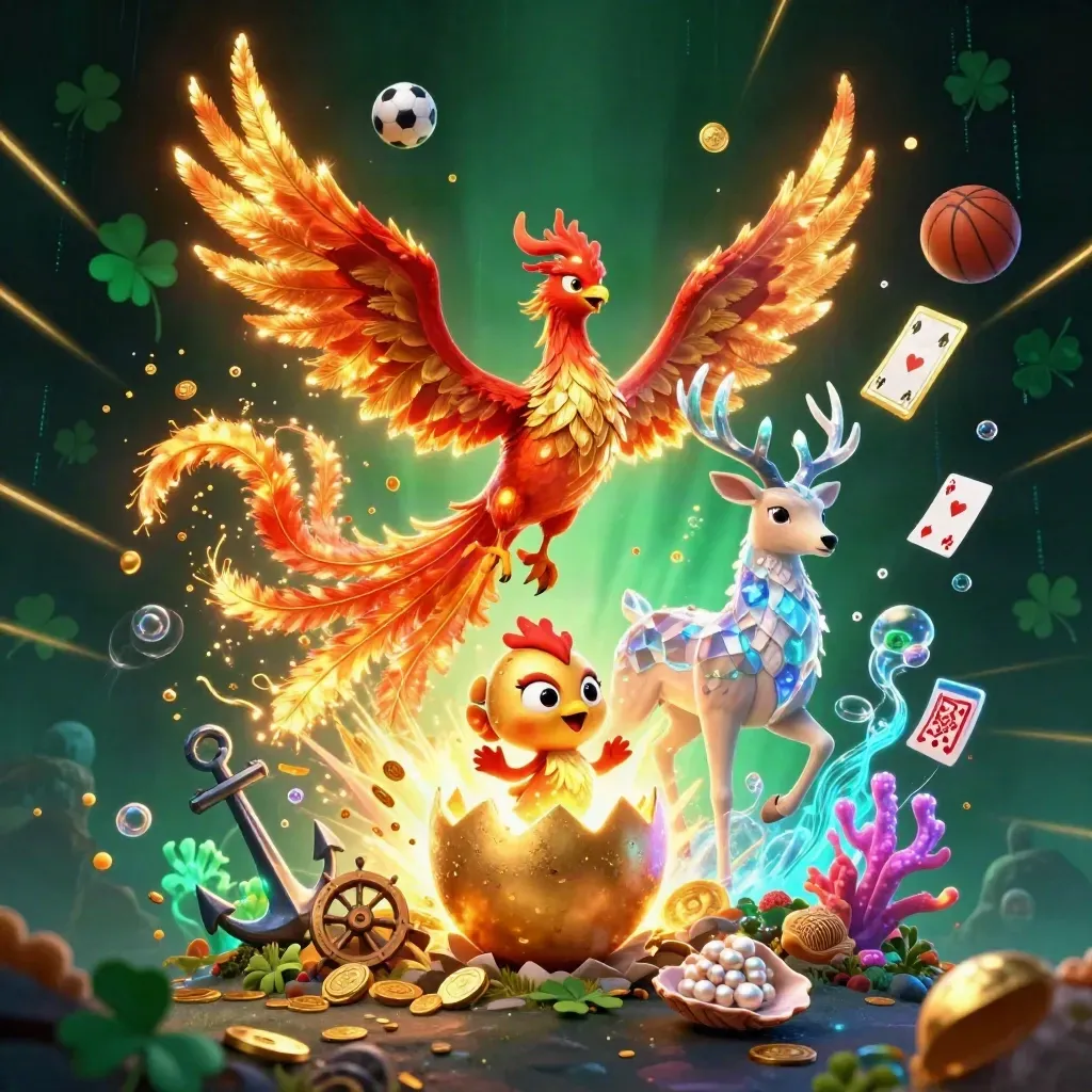 Fire phoenix, hatchling and crystal stag amid coin spray, coral, balls and casino treasure light.