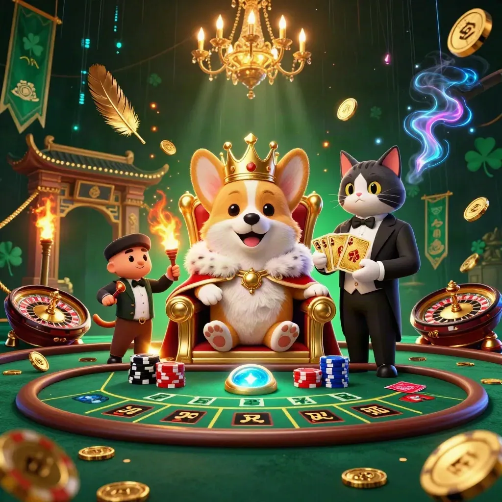 Royal corgi and cat butler in a neon casino room with roulette, temple gate, and gold light.