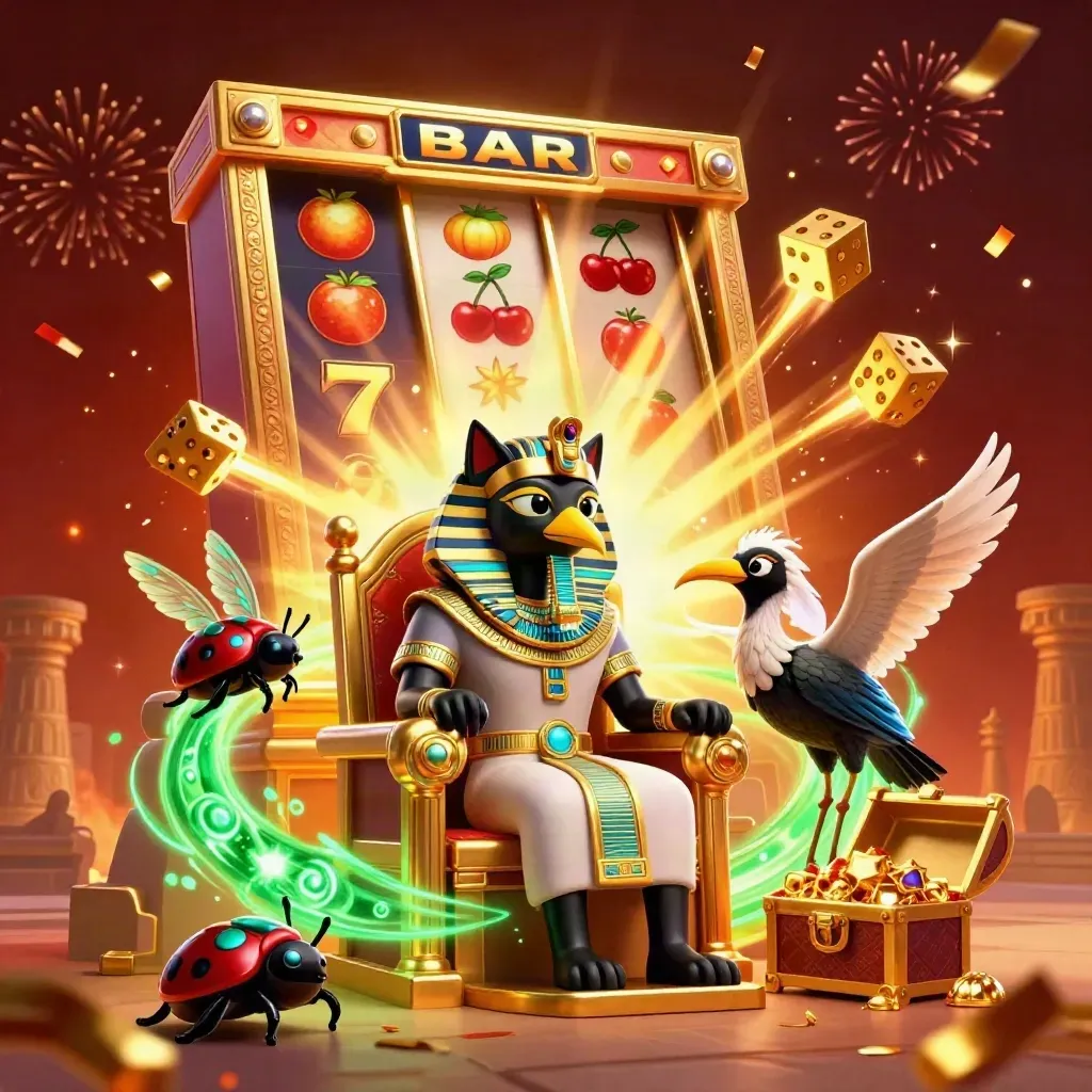 Pharaoh cat, ibis scribe, and gem-winged scarabs amid exploding slot treasure and temple firelight