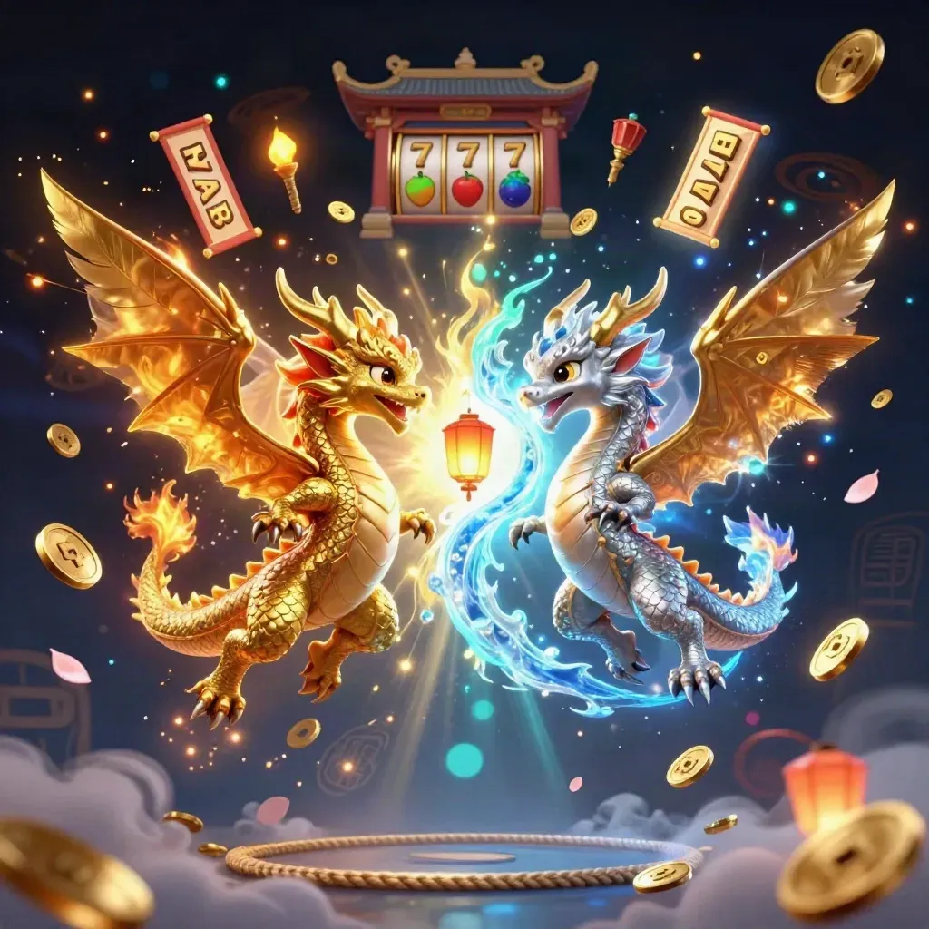 Twin gold and silver dragons spiral in fire and ice above a neon temple arena