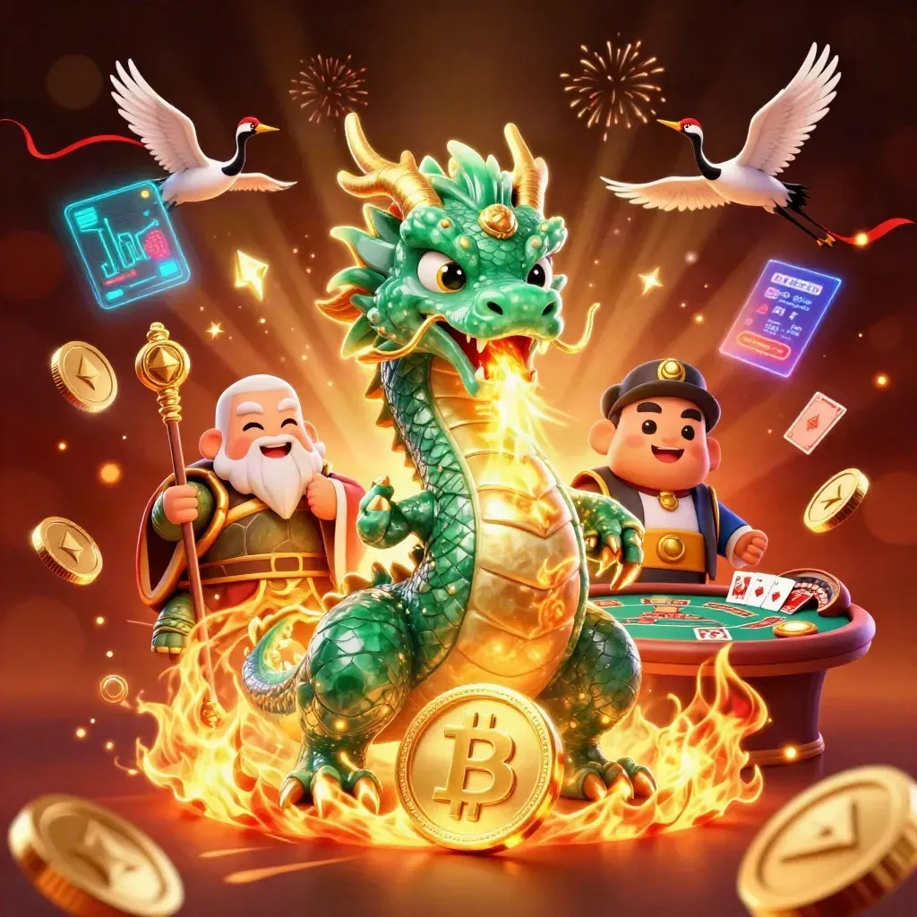 Emerald dragon, turtle sage and cranes amid coins, fire, roulette wheel and casino cards.