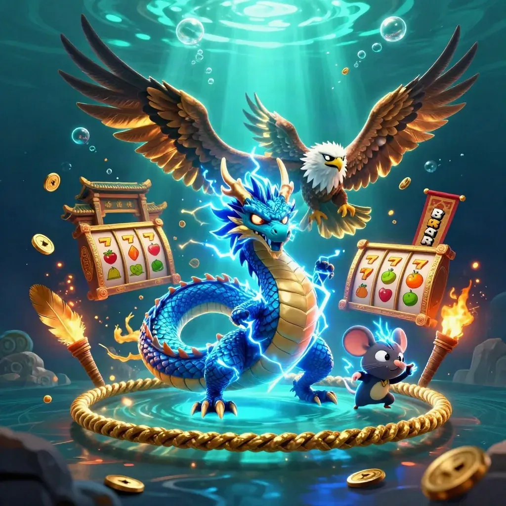 Thunder dragon, wind hawk, and thunder-mouse amid casino reels, coins, temple gate, and underwater light rays.